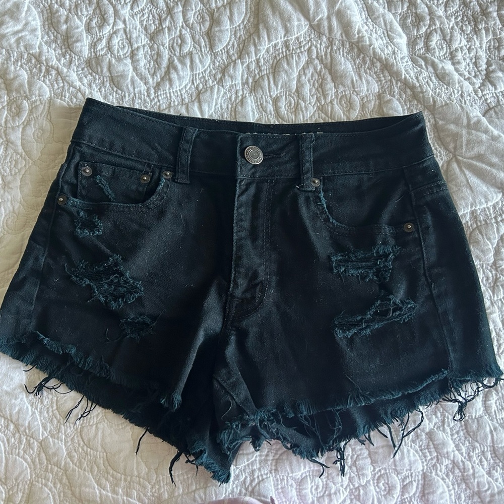 American Eagle Stretch Black Denim Hi-Rise Festival Shorts Cut Off